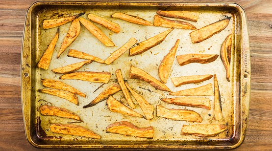 Bake the sweet potato wedges Bake the sweet potato wedges