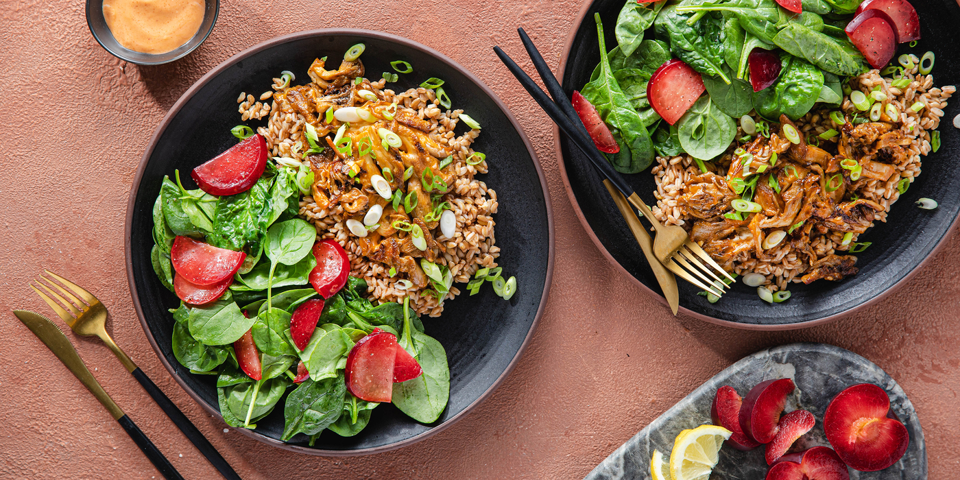 Oyster Mushroom Dynamite with Farro & Spinach Plum Salad