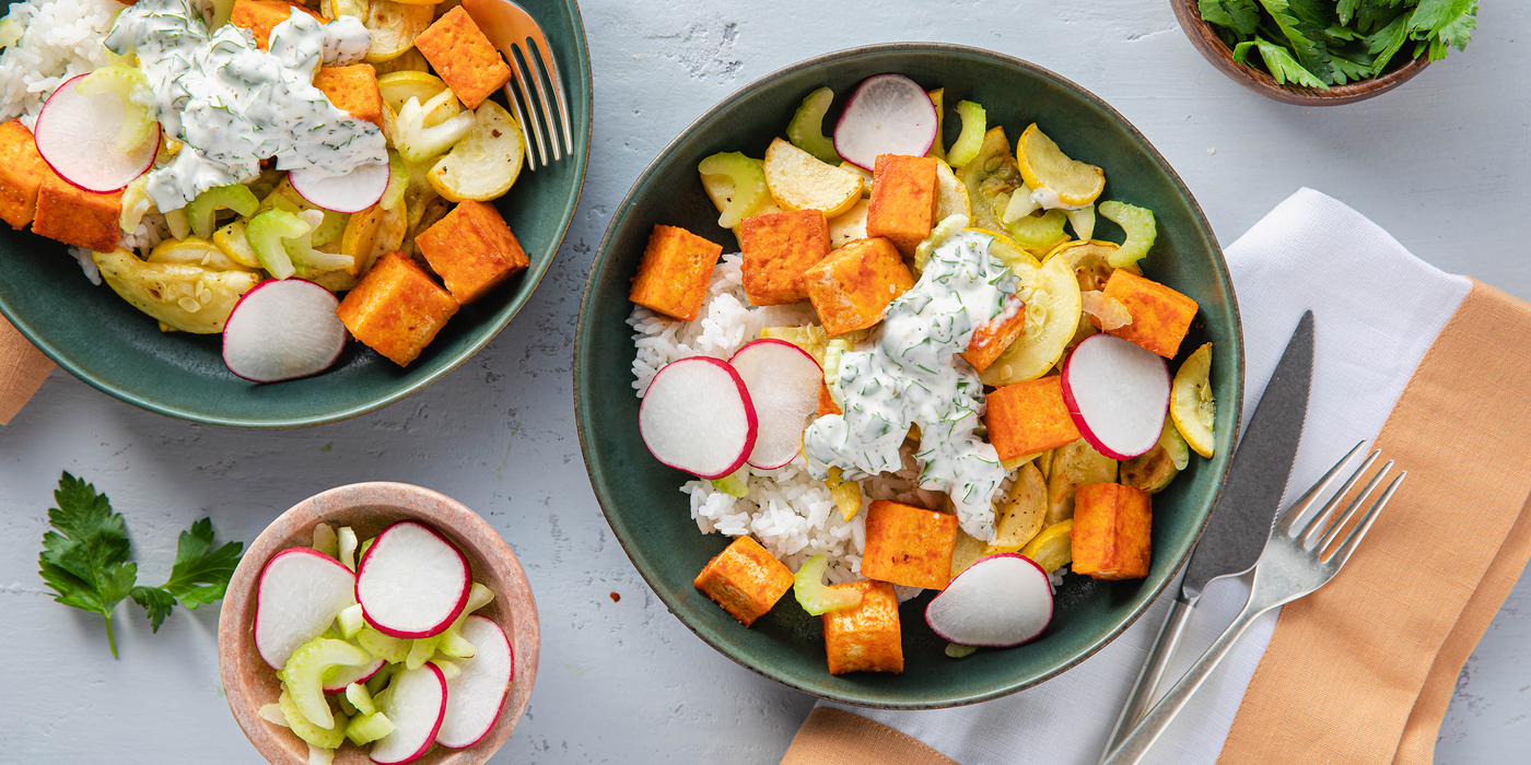 Spicy Buffalo Tofu Bowls with Summer Squash & Herbed Ranch