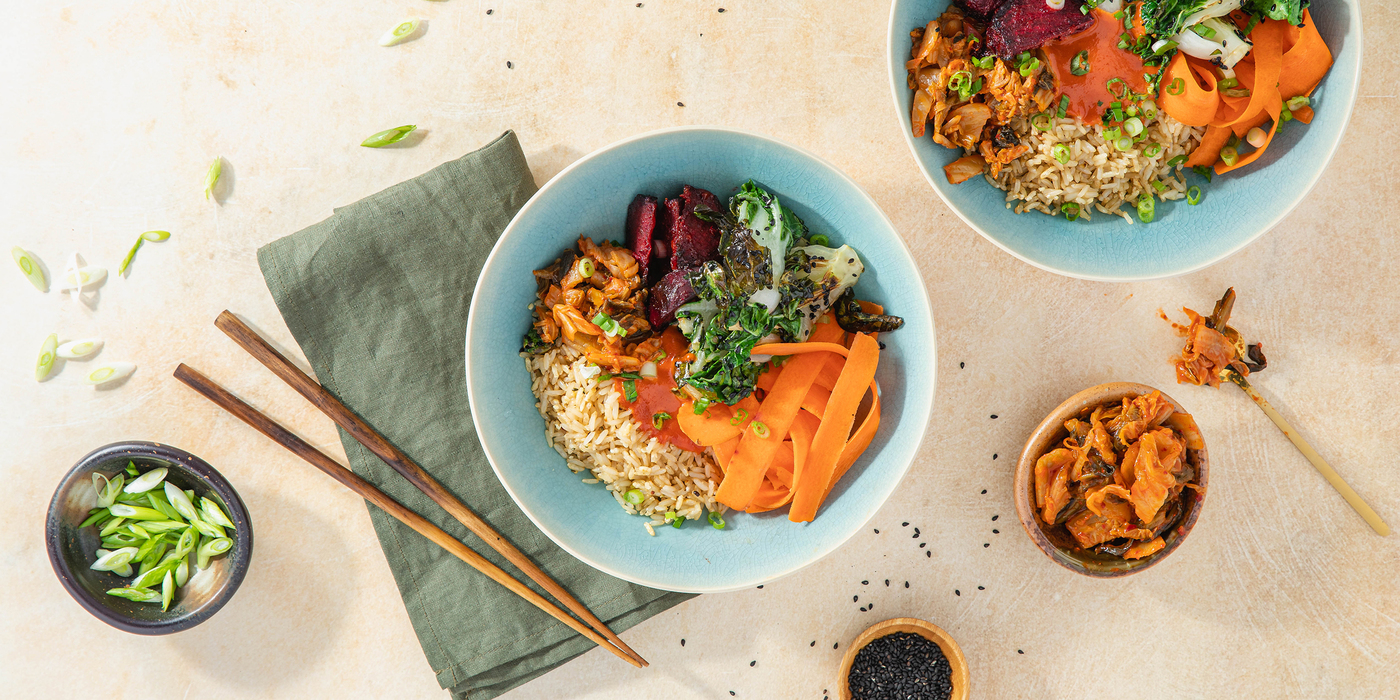 Korean BiBimBap with Gochujang Roasted Beets & Crispy Seeded Rice