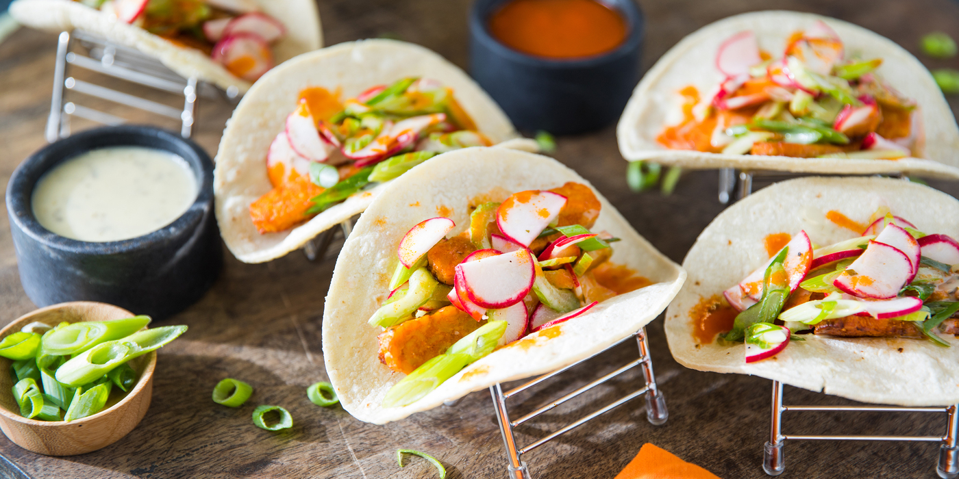 Buffalo Tempeh Tacos with Radish Slaw & Ranch