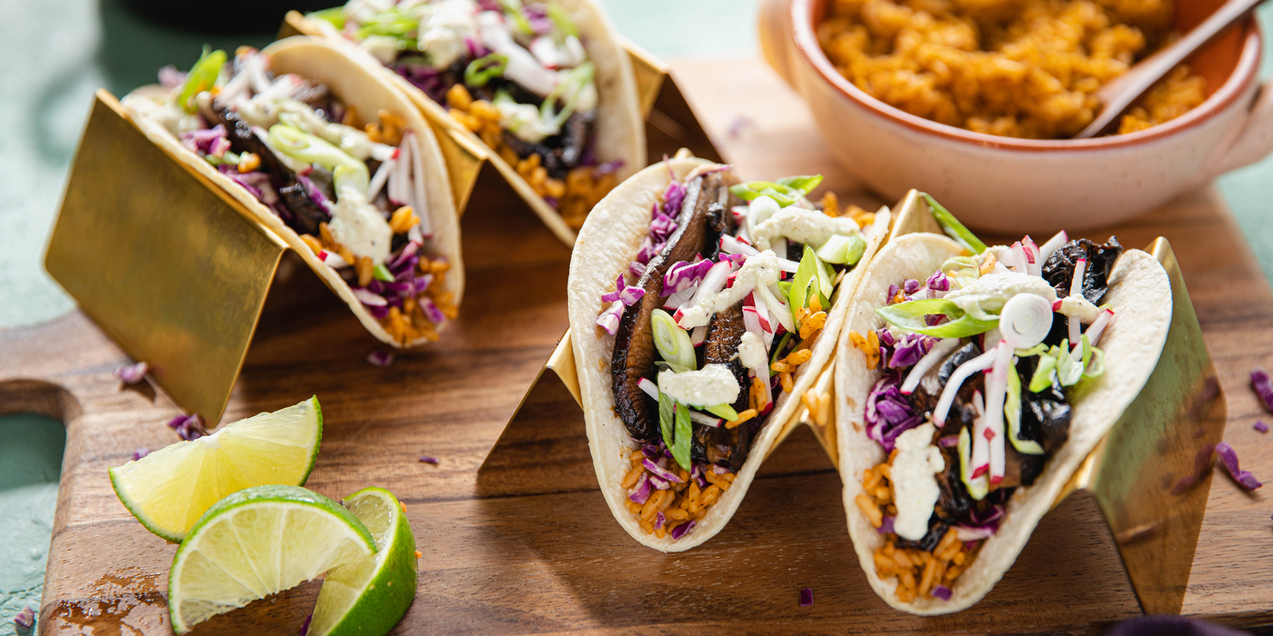 Smoky Portobello Tacos with Jalapeño Cashew Sauce & Spanish Rice