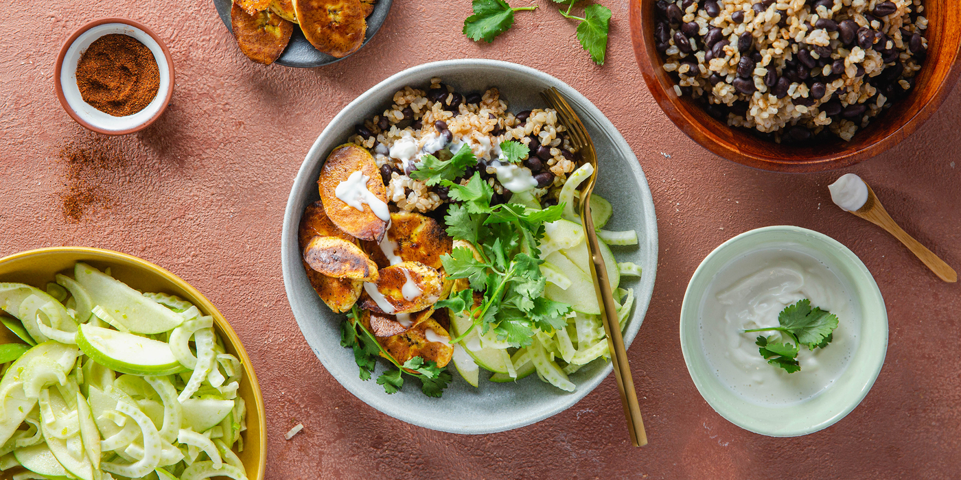 Plantain Black Bean Bowls with Apple Fennel Slaw & Lime Crema