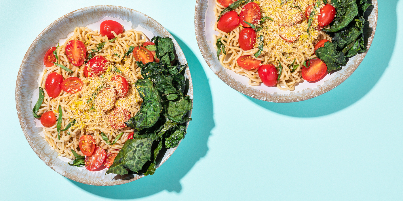 Tarragon Ponzu Noodles with Tomatoes & Crispy Kale