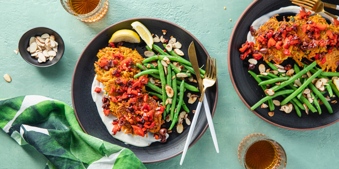 Carrot Socca Cakes with Green Beans Almondine & Olive Relish