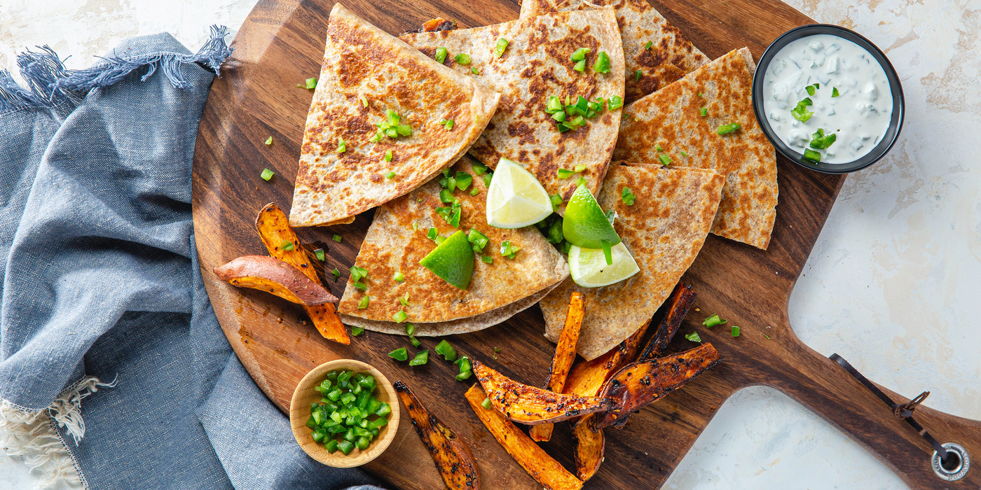 Kimchi Quesadillas with Togarashi Sweet Potato Fries & Jalapeño Sour Cream