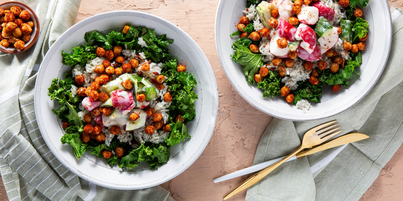 Kashmiri Chickpea Bowls with Yogurt Smashed Vegetables & Golden Raisins