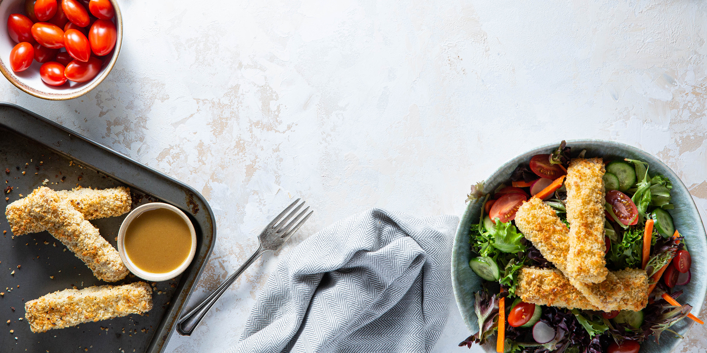 Crispy Tofu Tenders with Maple Mustard Dressing