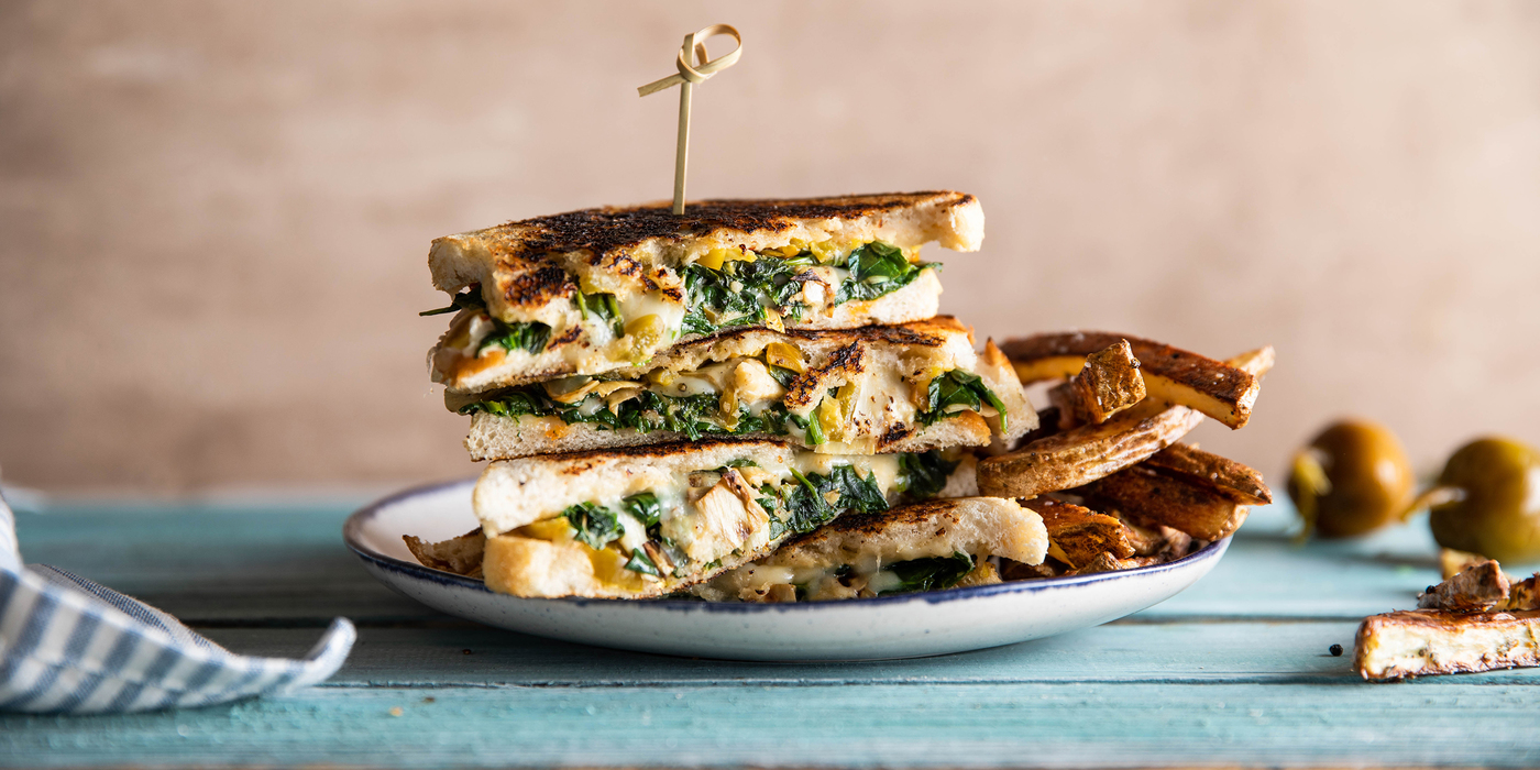 Spinach Artichoke Grilled Cheese with Hot Pepper Mayo & Oregano Fries
