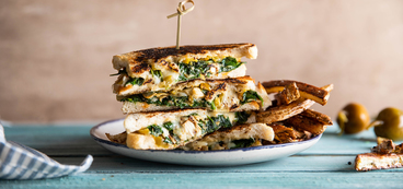 Spinach Artichoke Grilled Cheese with Hot Pepper Mayo & Oregano Fries