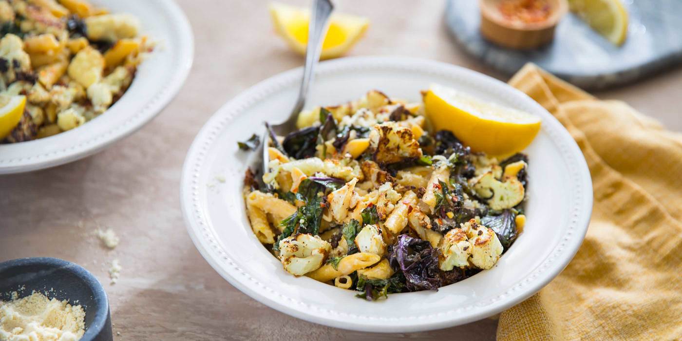 Penne Aglio Olio with Red Kale and Roasted Cauliflower