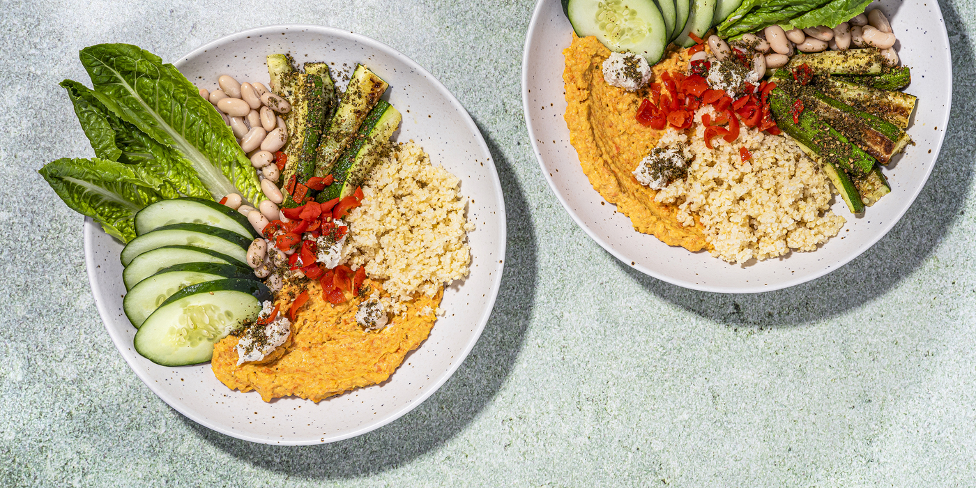 Roasted Carrot Hummus Bowls with Za’atar Vegetables & Cashew Cheese