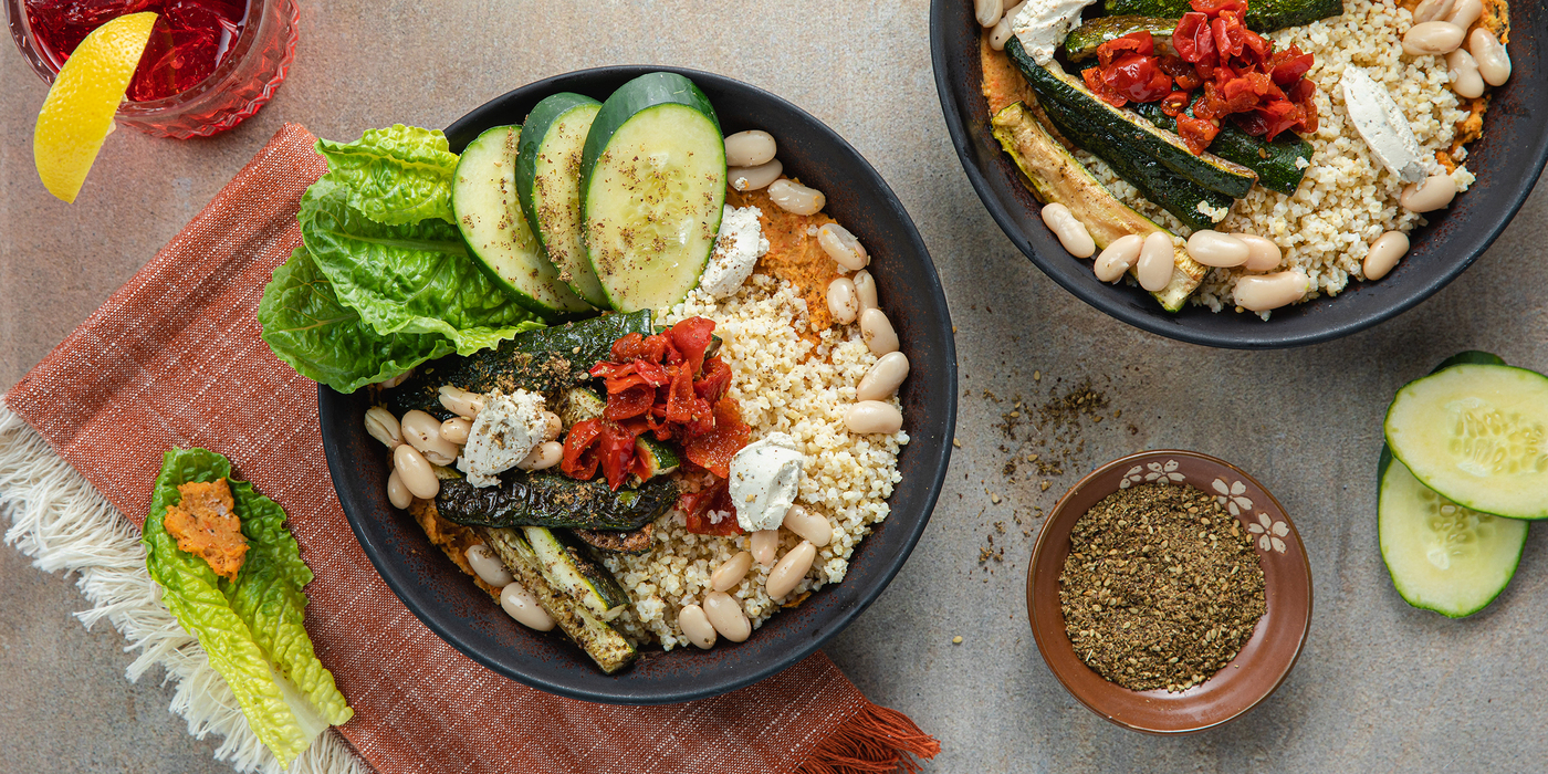 Roasted Carrot Hummus Bowls with Za’atar Vegetables & Cashew Cheese-image