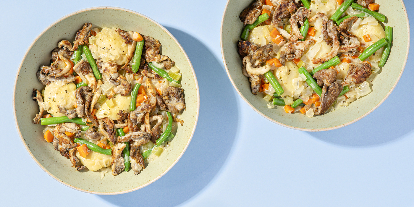 Vegan Chick’n and Dumplings with Oyster Mushrooms & Green Beans