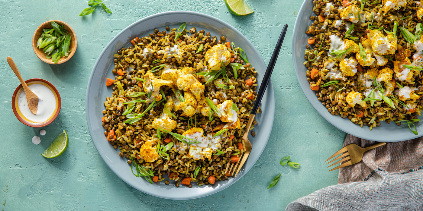 Curry Fried Rice with Roasted Cauliflower & Lime Aioli