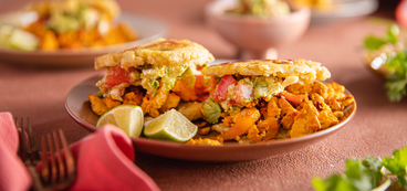Plantain Arepas with Annatto Tofu & Guacamole