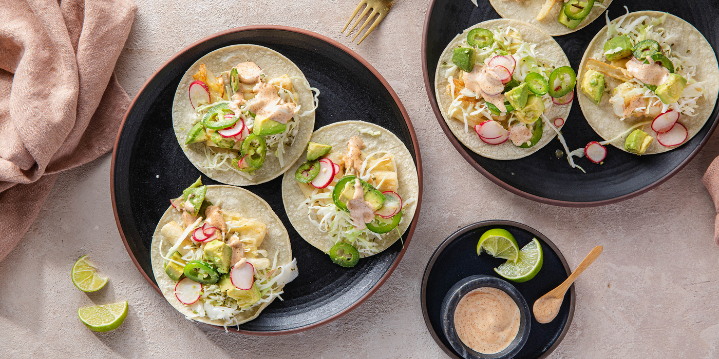 Crispy Hearts of Palm Tacos with Avocado Salsa & Chipotle Ranch