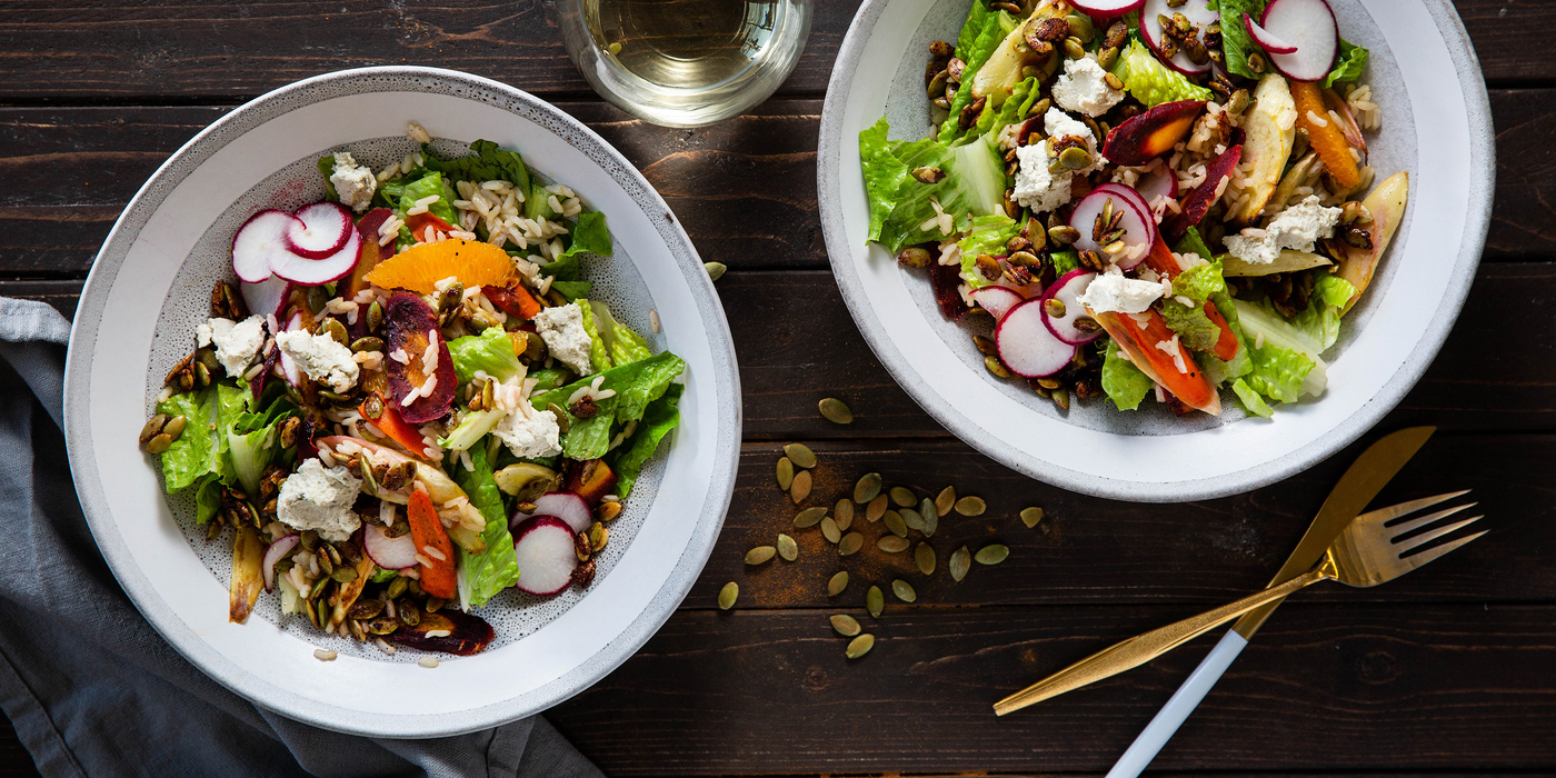 Roasted Roots Salads with Spicy Pumpkin Seeds & Orange Vinaigrette