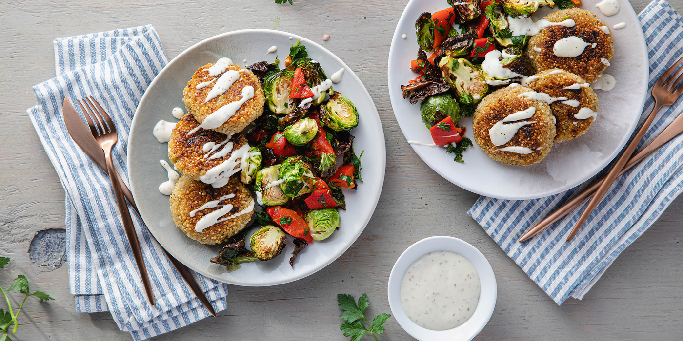 Crispy Quinoa Cakes with Roasted Brussels Sprouts & Ranch Dressing