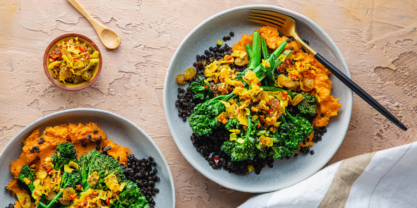 Pan Seared Broccolini with Mashed Sweet Potatoes & Coconut Turmeric Relish