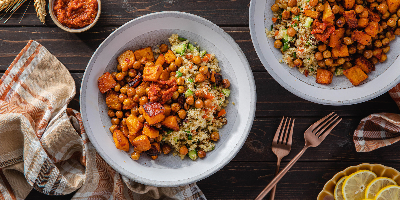 Harissa Roasted Butternut Squash with Buttered Dates & Crunchy Quinoa Pilaf