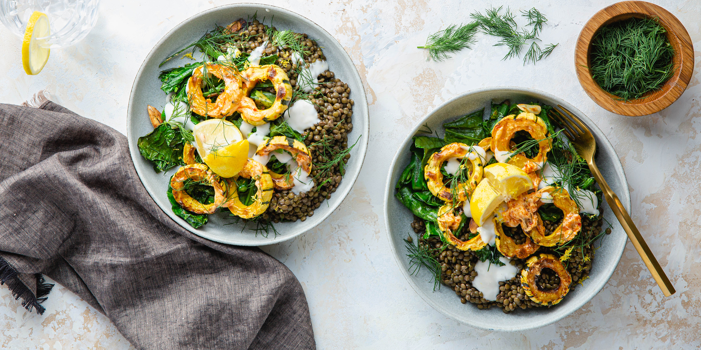 Chile Butter Roasted Delicata Squash with Garlicky Greens & Lemon Yogurt