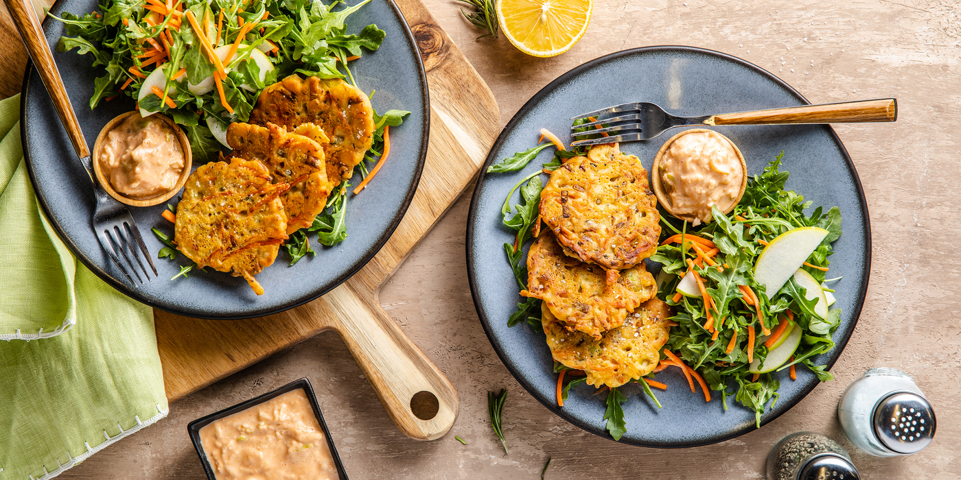 Rosemary Leek Fritters with Arugula Salad & Apple Miso Mayo