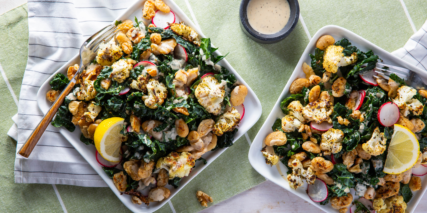 Cauliflower Kale Caesar with Crispy Butter Beans & Walnuts