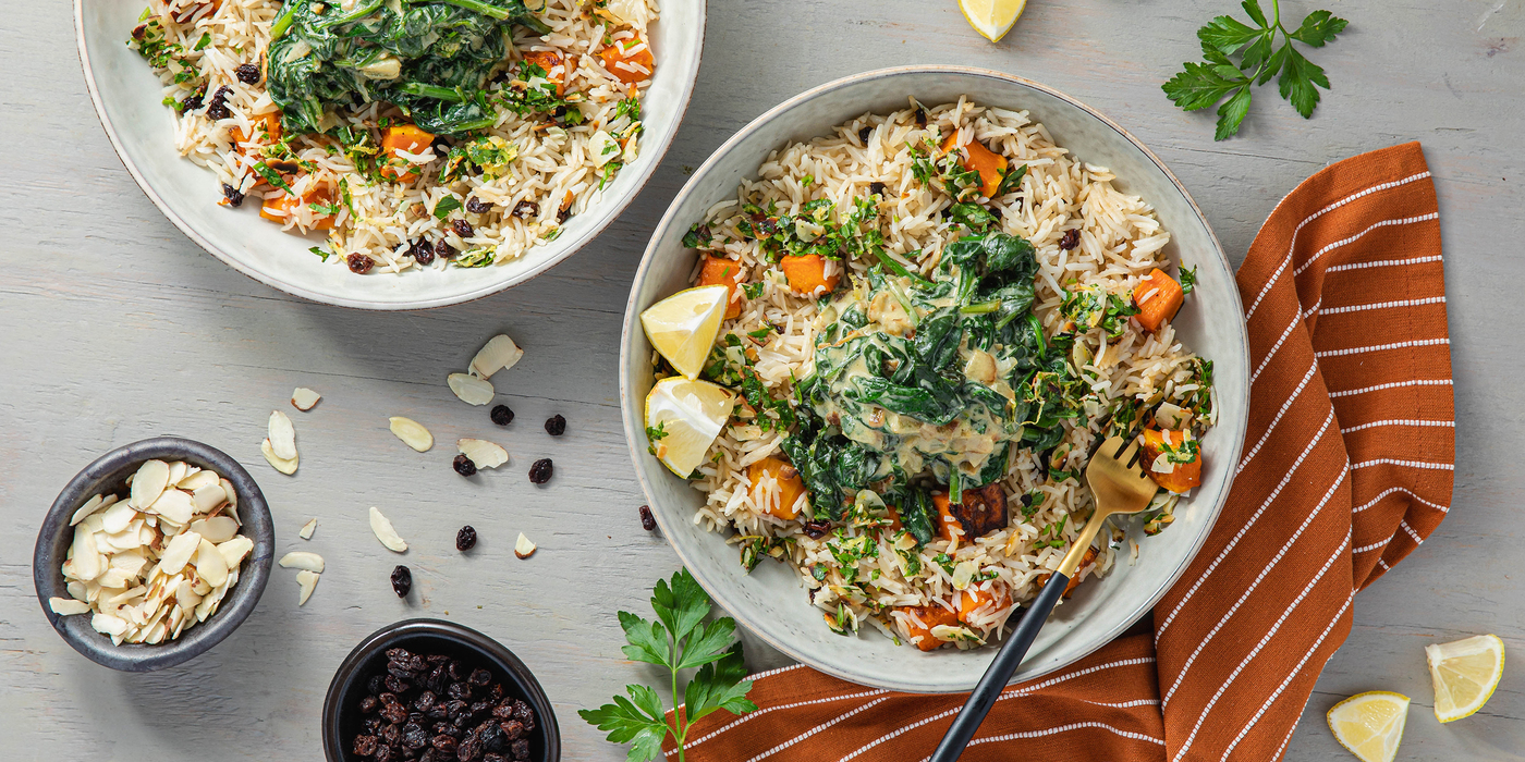 Roasted Butternut Pilaf with Creamed Spinach & Almond Gremolata