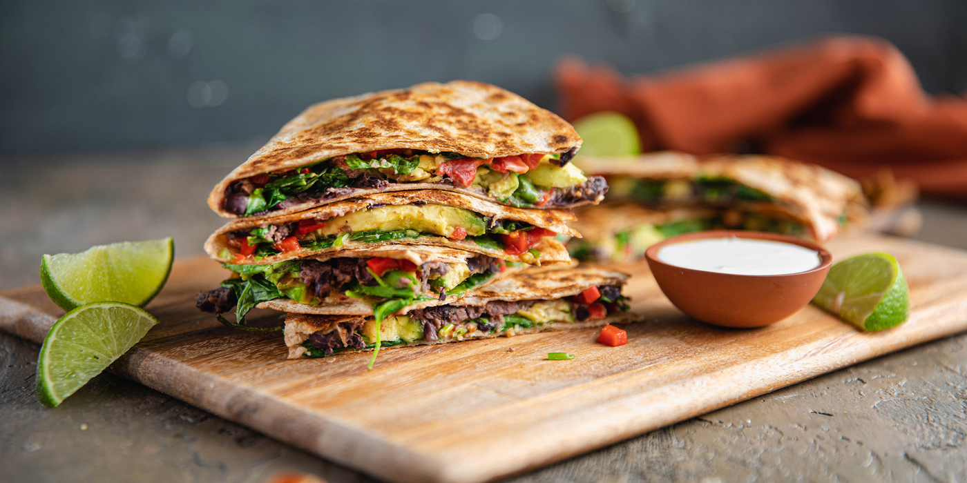 Roasted Red Pepper & Avocado Quesadillas with Refried Beans & Lime Crema