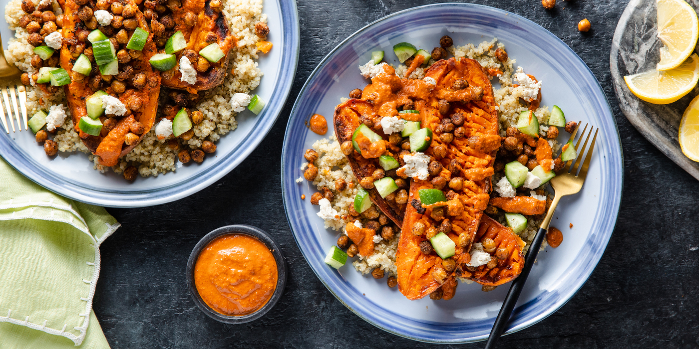 Mediterranean Stuffed Sweet Potatoes with Crispy Chickpeas & Cashew Cheese