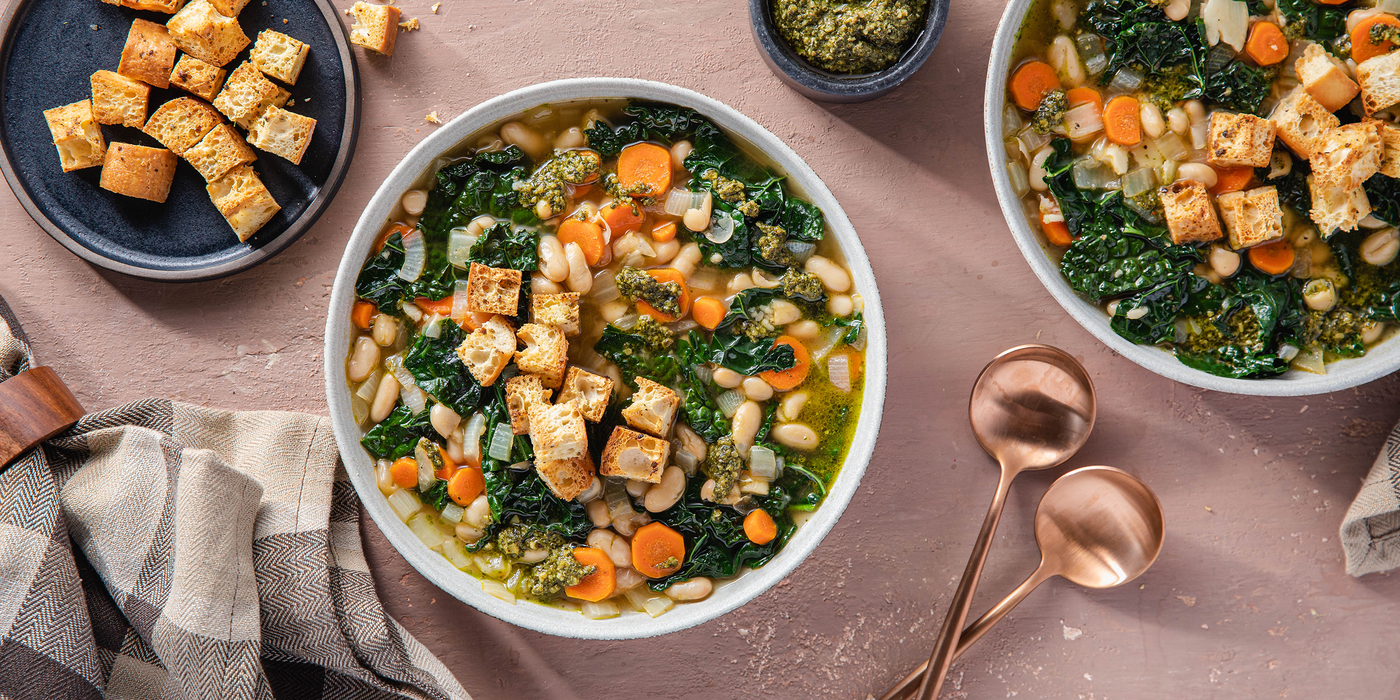 White Bean and Kale Stew with Pesto & Garlic Croutons