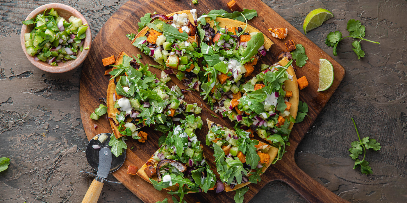 Mexican Socca Pizza with Tomatillo Salsa & Chipotle Sweet Potato