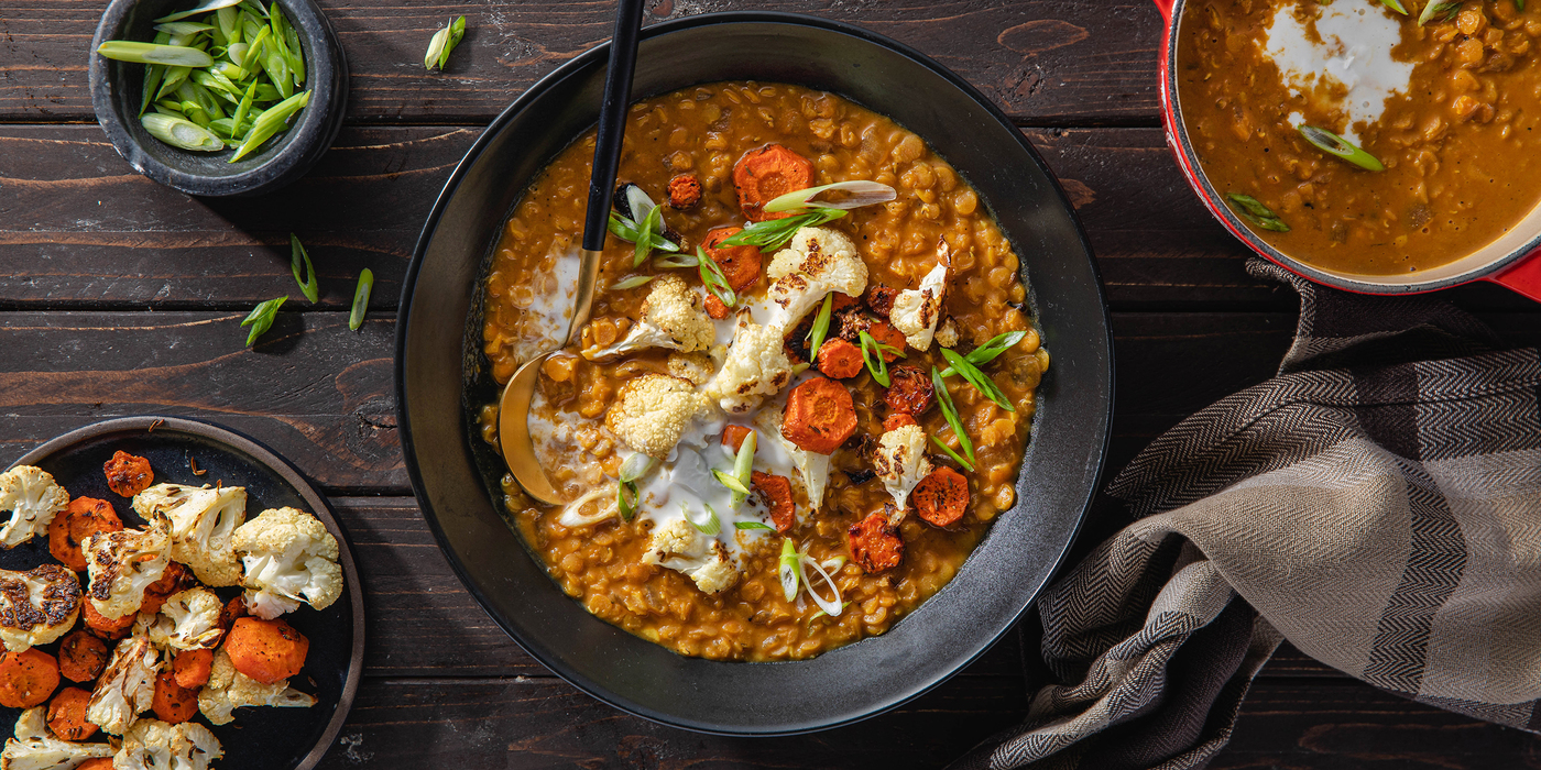 Coconut Lentil Soup with Caraway Roasted Vegetables