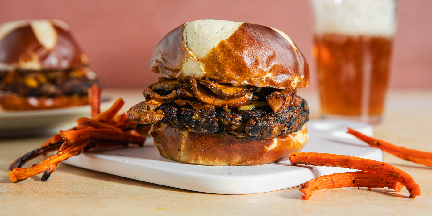 Mushroom Cheddar Black Bean Burgers with Garlic Aioli & Carrot Fries