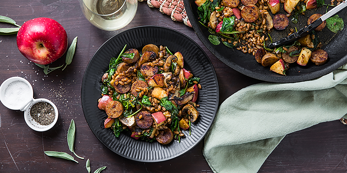 Apple Sage Sausage Skillet with Farro & Spinach