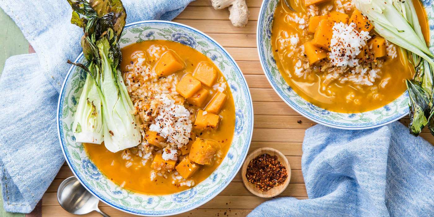 Winter Squash Soup with Sticky Rice & Sesame Bok Choy