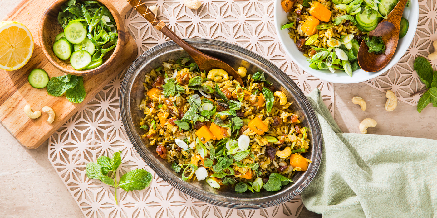 Jeweled Biryani with Apricots & Curry Roasted Butternut Squash