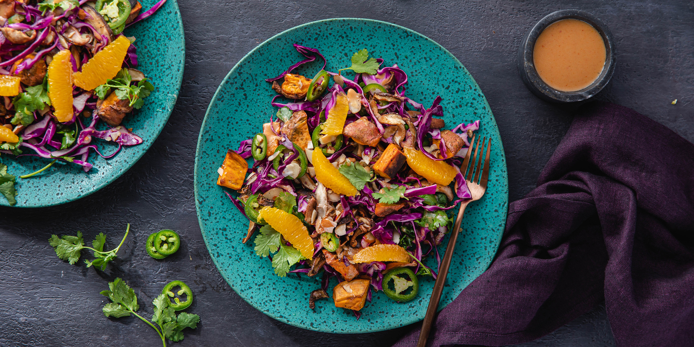 Warm Sweet Potato & Shiitake Salad with Orange & Spicy Peanut Dressing