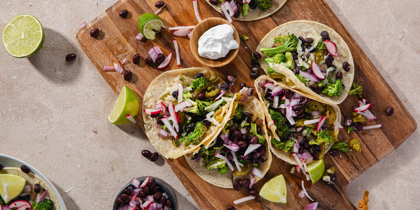 Crispy Nacho Broccoli Tacos with Black Bean & Radish Salsa