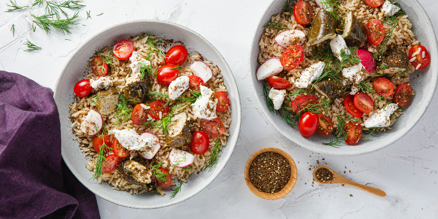 Grape Leaf Mezze Bowls with Cashew Cheese & Fresh Dill