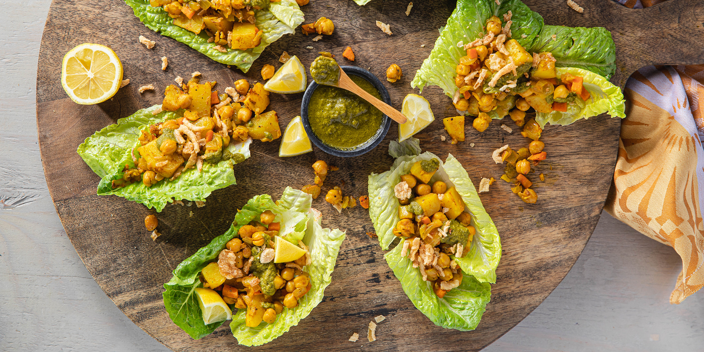 Samosa Lettuce Cups with Crispy Onions & Cilantro Chutney