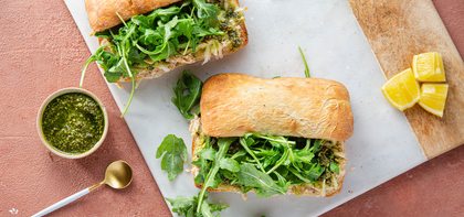 Pesto White Bean Melts with Lemon Arugula