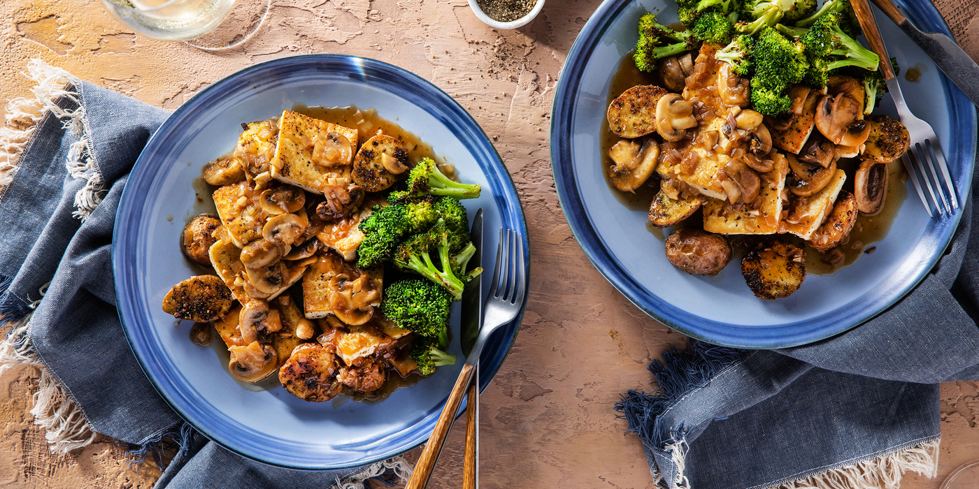 Tofu Marsala with Roasted Mustard Herb Potatoes & Broccoli