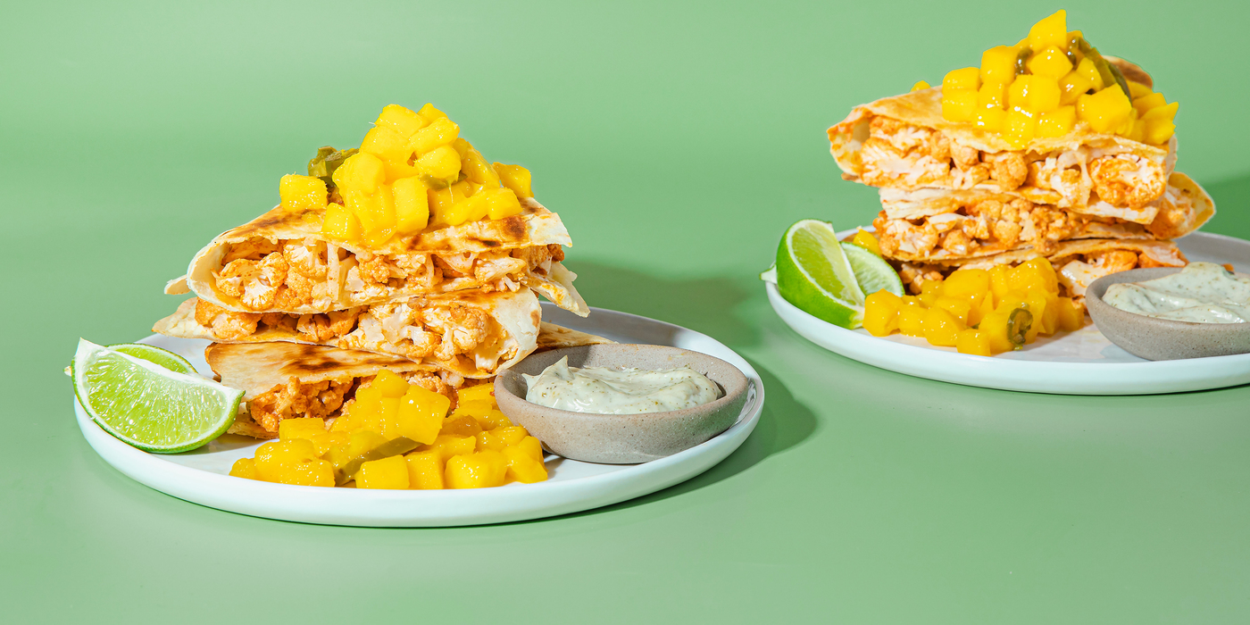 Buffalo Cauliflower Quesadillas with Mango Jalapeño Salsa & Ranch