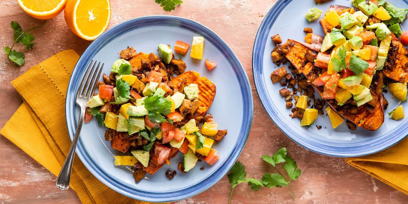 Taco Stuffed Sweet Potatoes with Crispy Seitan & Citrus Avocado Salsa