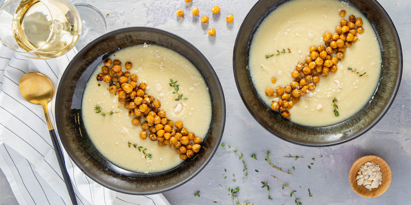 Creamy Cauliflower Potato Soup with Thyme & Lemon Pepper Chickpeas