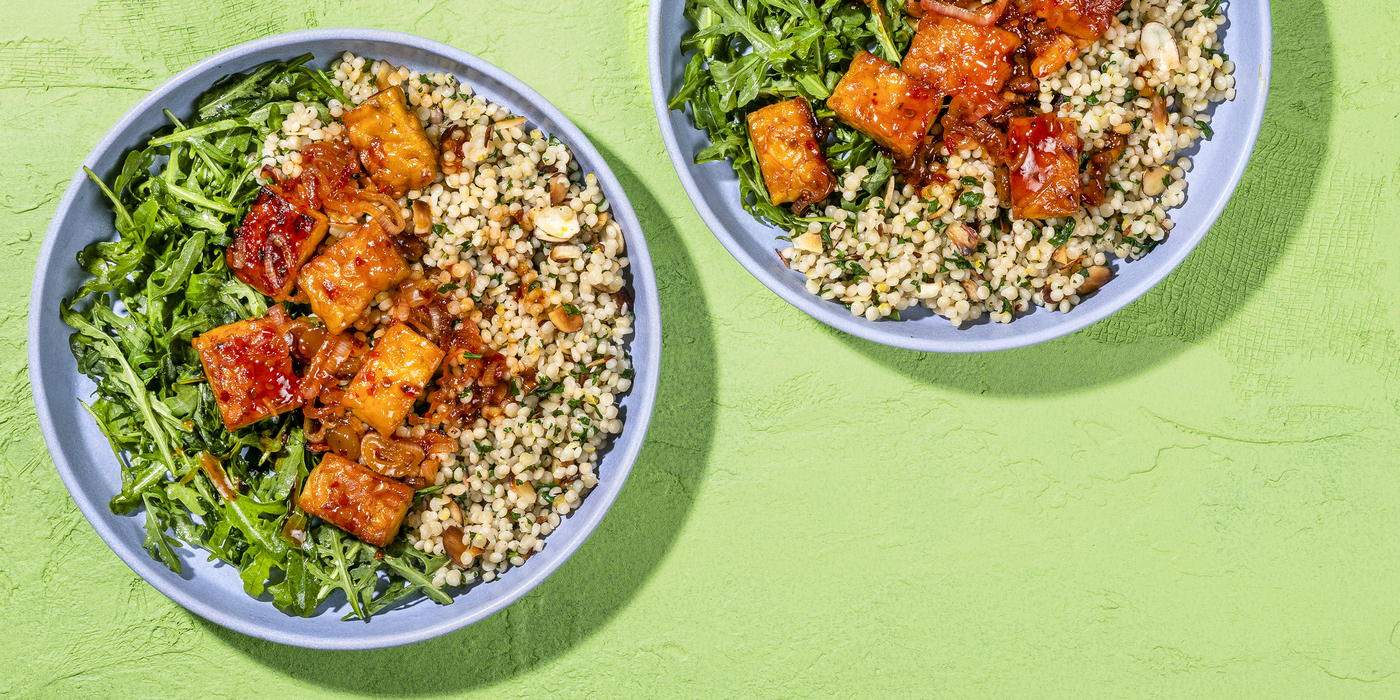 Spicy Mango Tempeh with Toasted Almond Couscous & Lemon Arugula