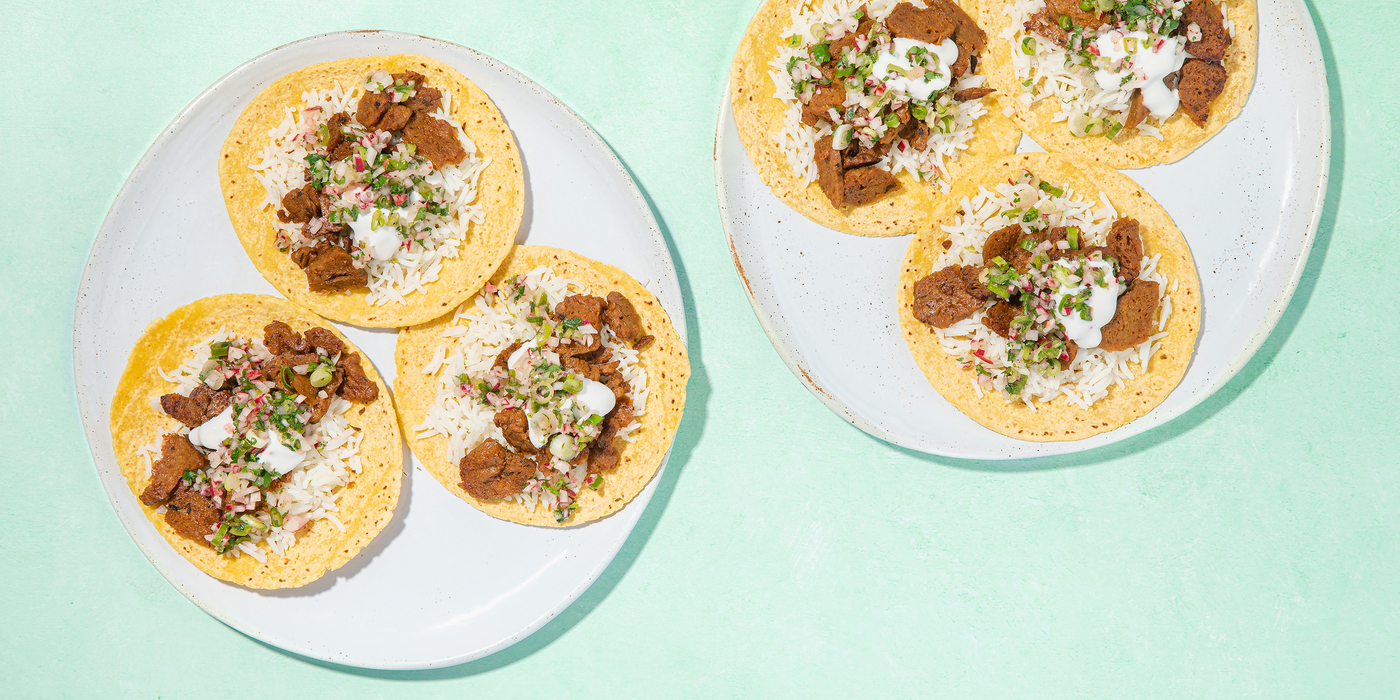 Seitan Asada Tacos with Lime Rice & Radish Salsa