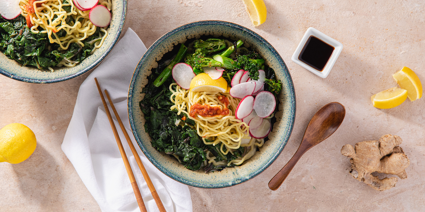 Miso Coconut Ramen Bowls with Charred Broccolini & Lemon